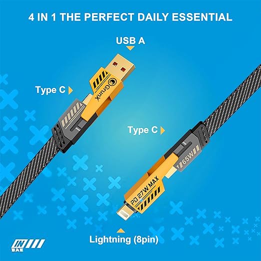GrunX® INBAE 2025 Model 10th Gen | High Grade 4 In 1 Cable | Gold Plated Ports | Ultra Fast Charging & Data Transfer | Supporting Thunderbolt, Type C, Lightning, Type A For All iPhones & Laptop With 2 Year Warranty
